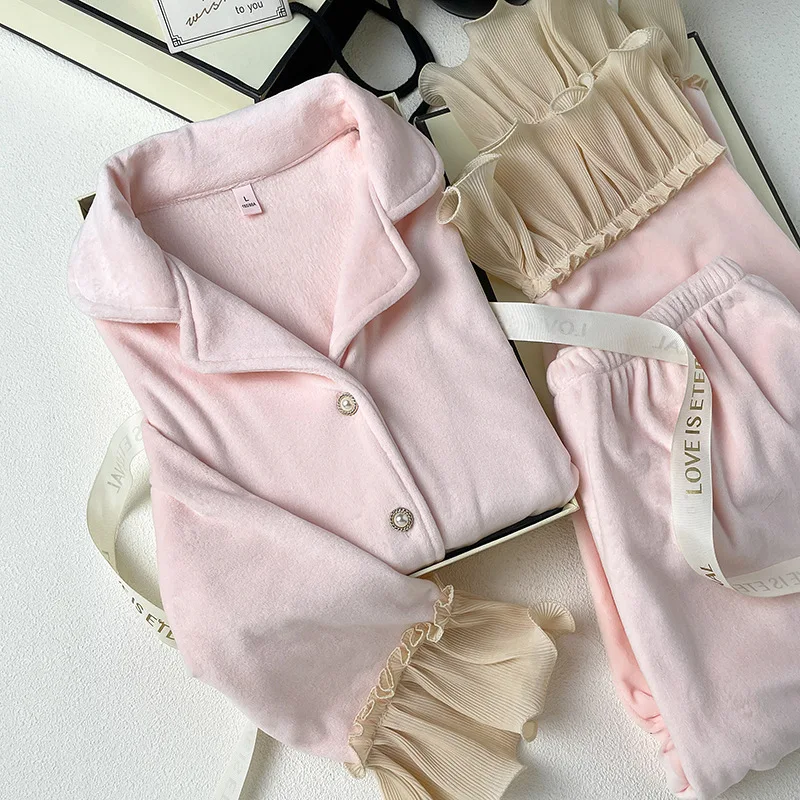 

Розовый велюровый пижамный костюм, женская теплая одежда для сна, рубашка с расклешенными рукавами, брюки, осень-зима, новая домашняя одежда, домашняя одежда, одежда для сна