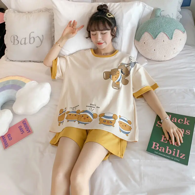 2PCS/Set Pajamas Women\'s Short-Sleeved Loose Version Girl Large Size Princess Wind Bear Korean Fashion Soft Kawaii Cute Homewear