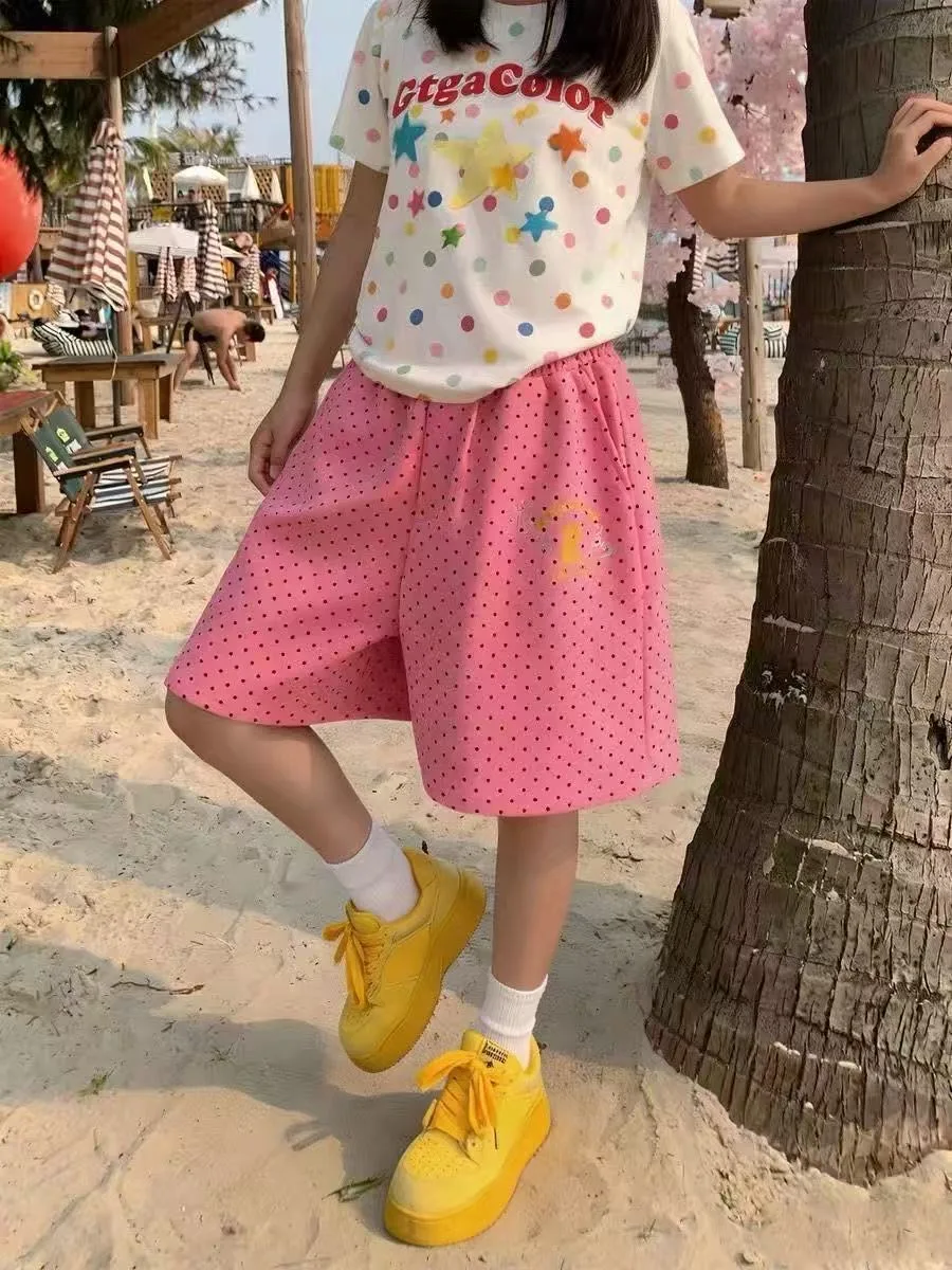 Retro American Pink Polka Dot Print Women's Sweatpants Spring Summer New Lazy Drapey Sports Jazz Casual Pants High Waist Shorts