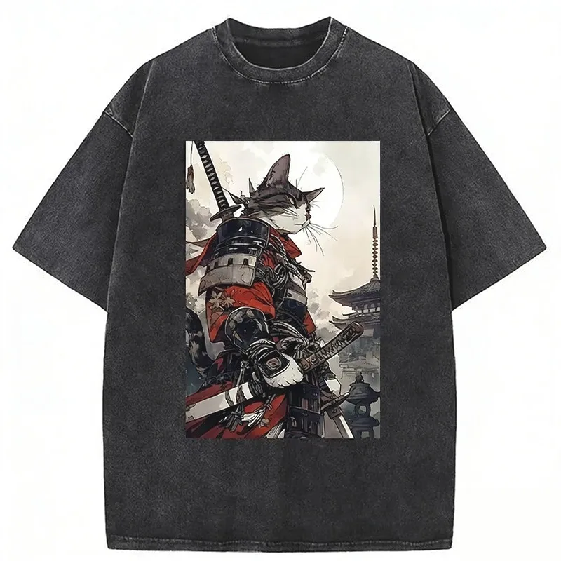 Men's Holiday 100% Cotton T-shirts Casual Loose Short Sleeve O-neck Washed Acid Heavyweight Tees 2026 Samurai Cat Chic Tunics