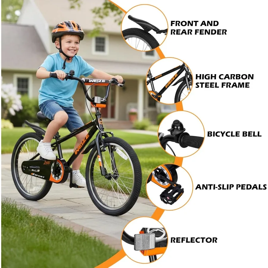 16 20-Zoll-Fahrräder für Jungen und Mädchen im Alter von 412 Jahren, BMX-Stil, Fahrrad mit verstellbarem Sitz, Stützrädern vorne und hinten