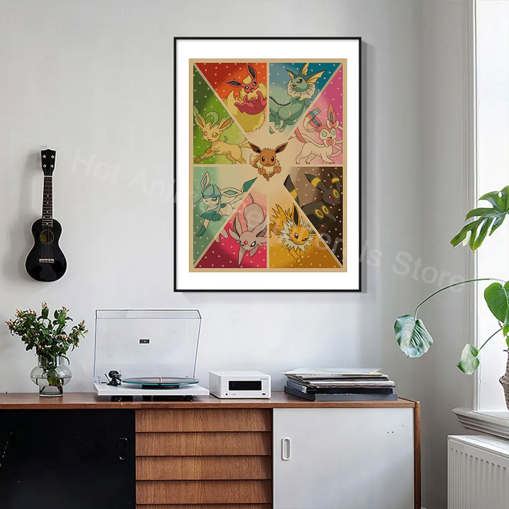Anime Pokemon alle Charaktere Peripherie geräte Poster Vintage Bild Kunst Wand Pikachu Eeve lutions Leinwand Malerei Geschenk für Kinder