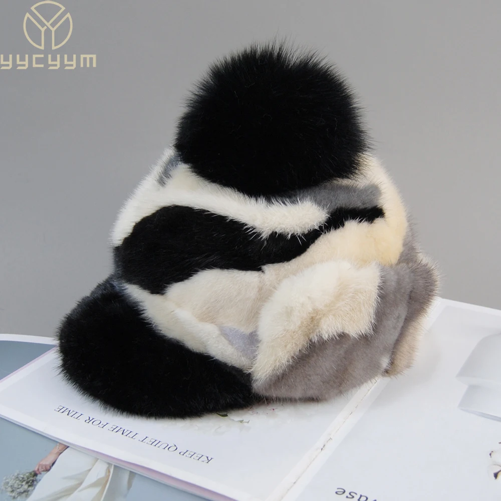 2024 New Arrival Women Fashion Colorful Real Fur Hats Ladies Winter Warm Natural Mink Fur Hat Girl Fox Fur Pompoms Bomber Caps