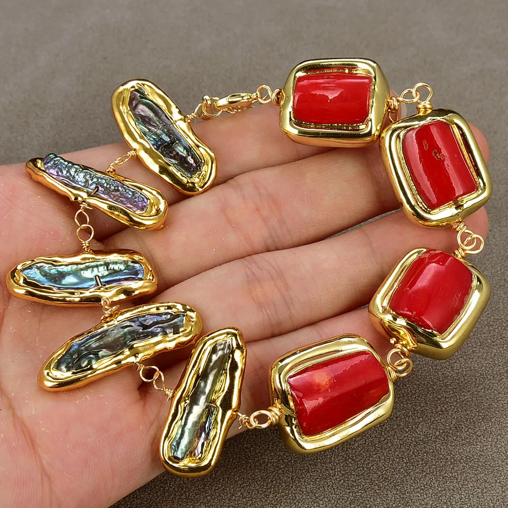 

GG Natural Black Biwa Pearl Red Coral With Gold Plated Edge Beaded Bracelet For Women Fashion Jewelry Gift