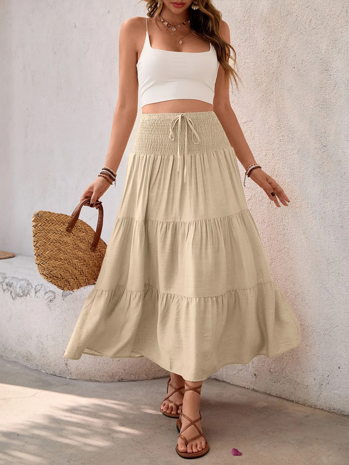 Women's Summer Skirt Solid Tiered Drawstring Waist Long Skirt Casual Beige Smocked Waist Skirt Ruffle Hem Maxi Skirt Women