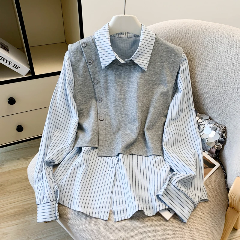 

Шикарная повседневная женская блузка с длинным рукавом в полоску и пэчворк, весна-осень, высококачественная, универсальная, элегантная, с воротником, для отдыха