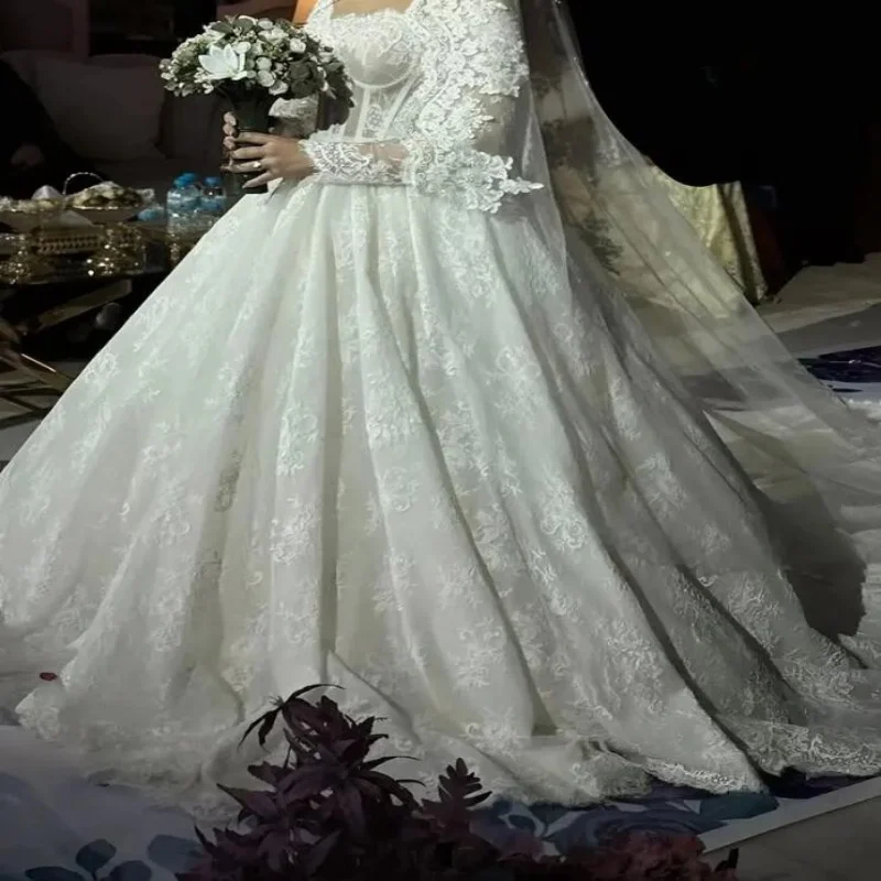 تخصيص الرقبة شير انظر من خلال الدانتيل يزين فستان الزفاف Vestidos Noivas Ballgown طويلة الأكمام الأميرة ثوب الزفاف #1