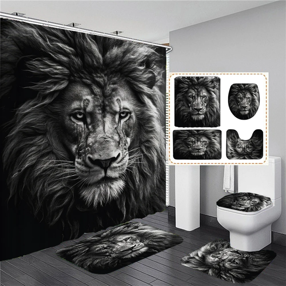 Lion Leopard and Tiger Animals 3D Printed Shower Curtains Bathroom Curtain Set Toilet Lid Cover Black Animal Bath Mat Rugs