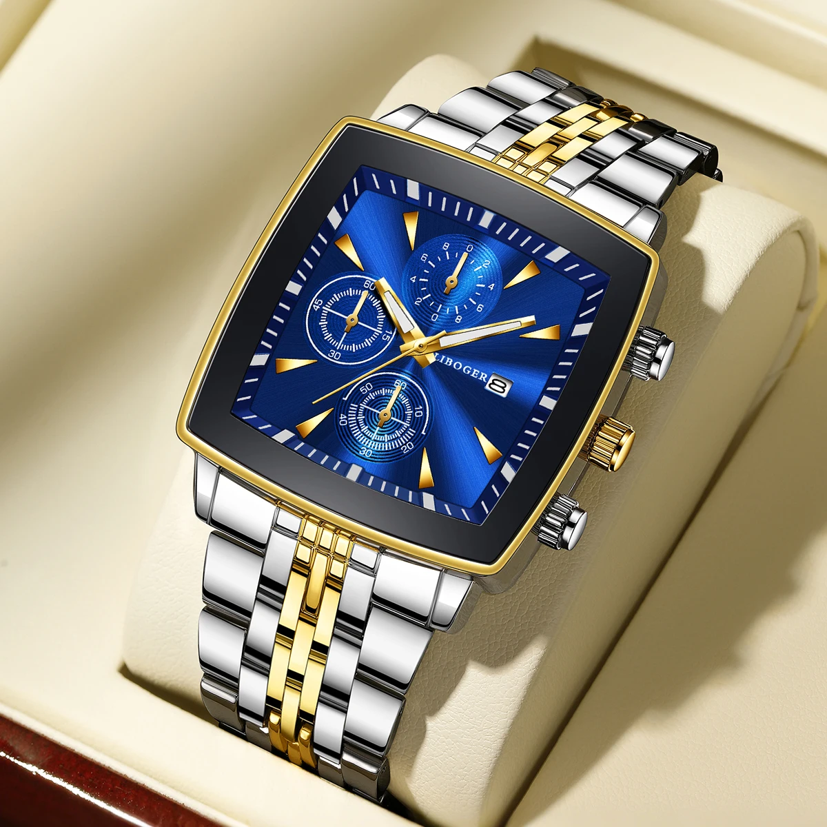 Fashion Stainless Steel Men Calendar Quartz Watch Luxury Square Dial Mens Business Watches Reloj Hombre Clock (Without Box)
