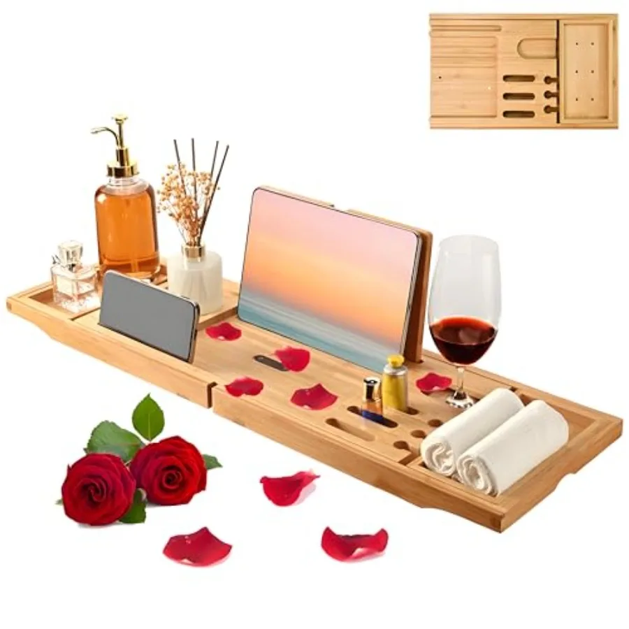 

Bathtub Tray - Luxury Bamboo Bathtub Tray for Bath Accessories, Expandable Bath Caddy with Wine Glass Holder, for Her, Annivers