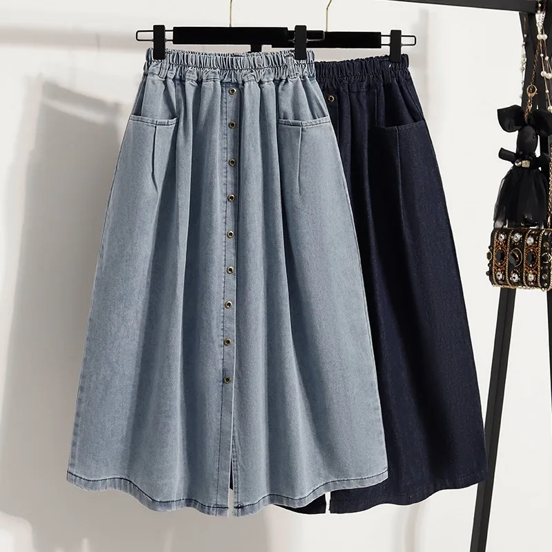 

Summer Blue Large Size New Retro Vacation Button Denim Skirt Women Elastic High Waist and Thin Medium Split A-shaped Long Skirt