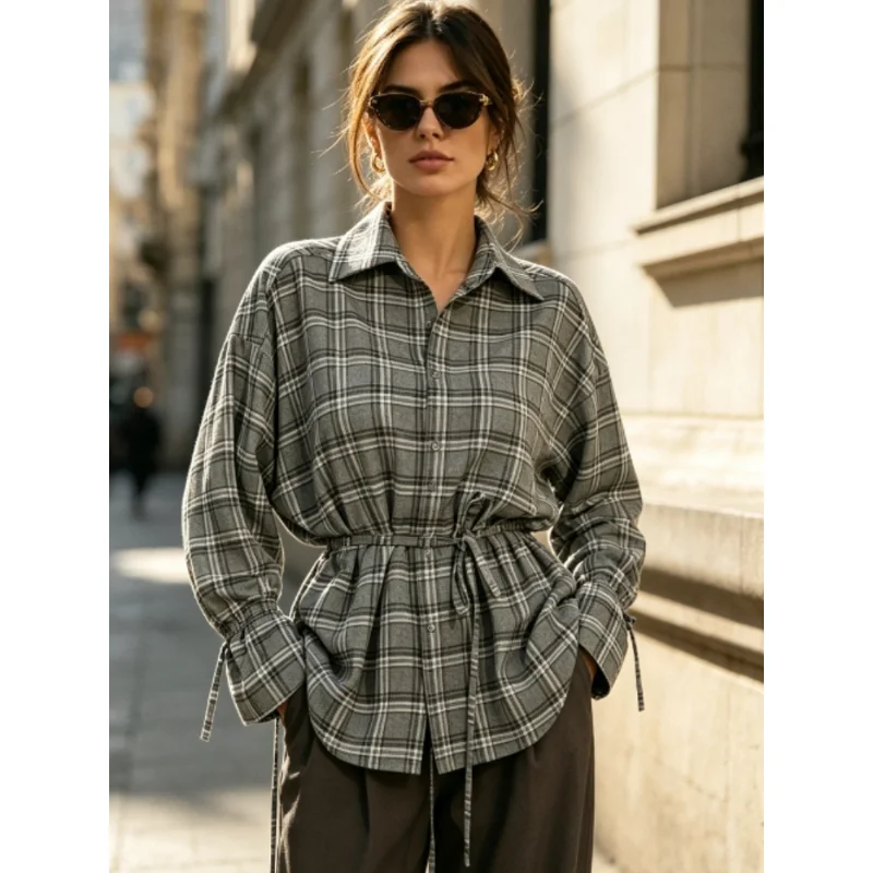 Fall Chic Vintage Plaid Women Collared Shirt, Drawstring Waist Cuff Tie‑Detail Oversized Drop‑Shoulder Long Sleeve Casual Blouse