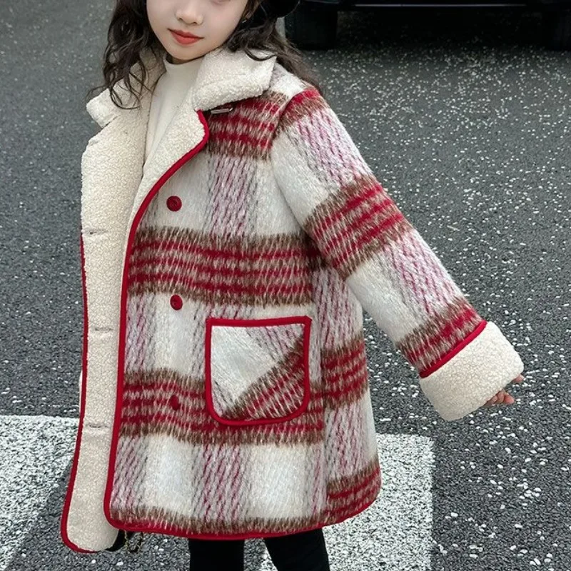 

Girl's Winter 2025 New Red Thickened Wool Coat Festive Chinese New Year Dress for Big Kids Warm Stylish New Year Outfit