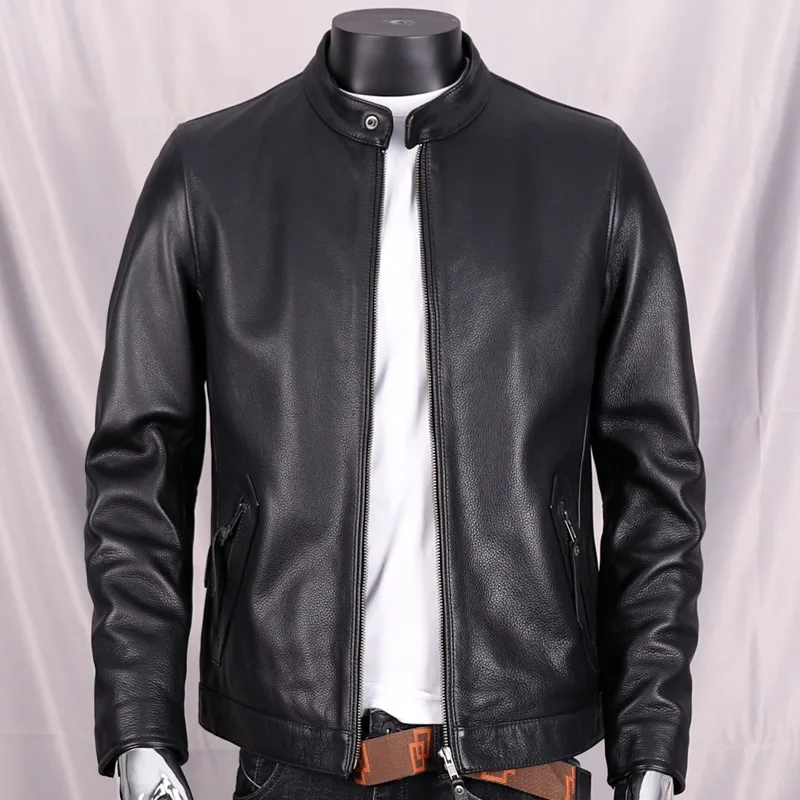 2024 New Spring Autumn Leather Coat Men's Head Layer cowhide Stand-up Collar Fashion Slim handsome Jacket Casual Youth Coats