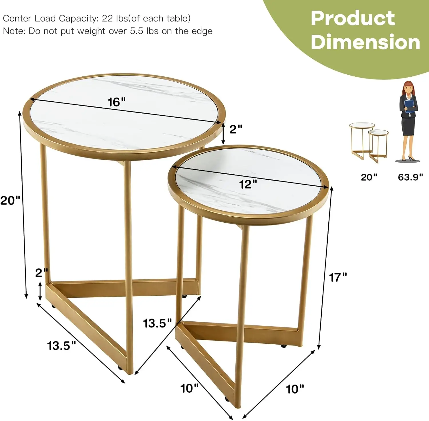 Ensemble de 2 tables gigognes rondes Bergame, tables basses modernes en marbre pour salon, balcon, bureau, cadre en acier doré robuste