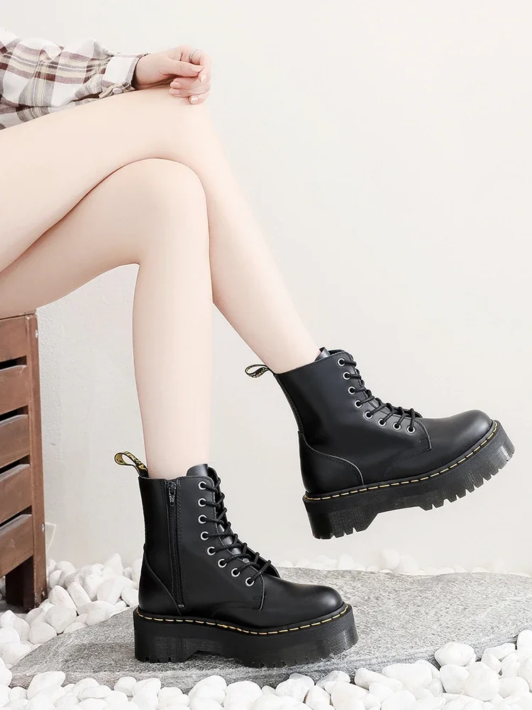 Original Frauen Plattform Stiefel Leder Männer Dicke Sohle Knöchel Sexy Weibliche Punk Motorrad Schuhe Kampf Booties Plus Größe