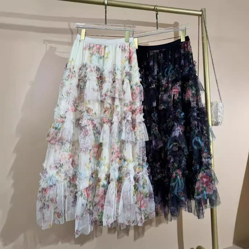 Elegant Long Embroidered Heavy Work Skirt Commute Rainbow Cake Skirt High Waist Loose Fit Polyester Non Deformable Inner Lined
