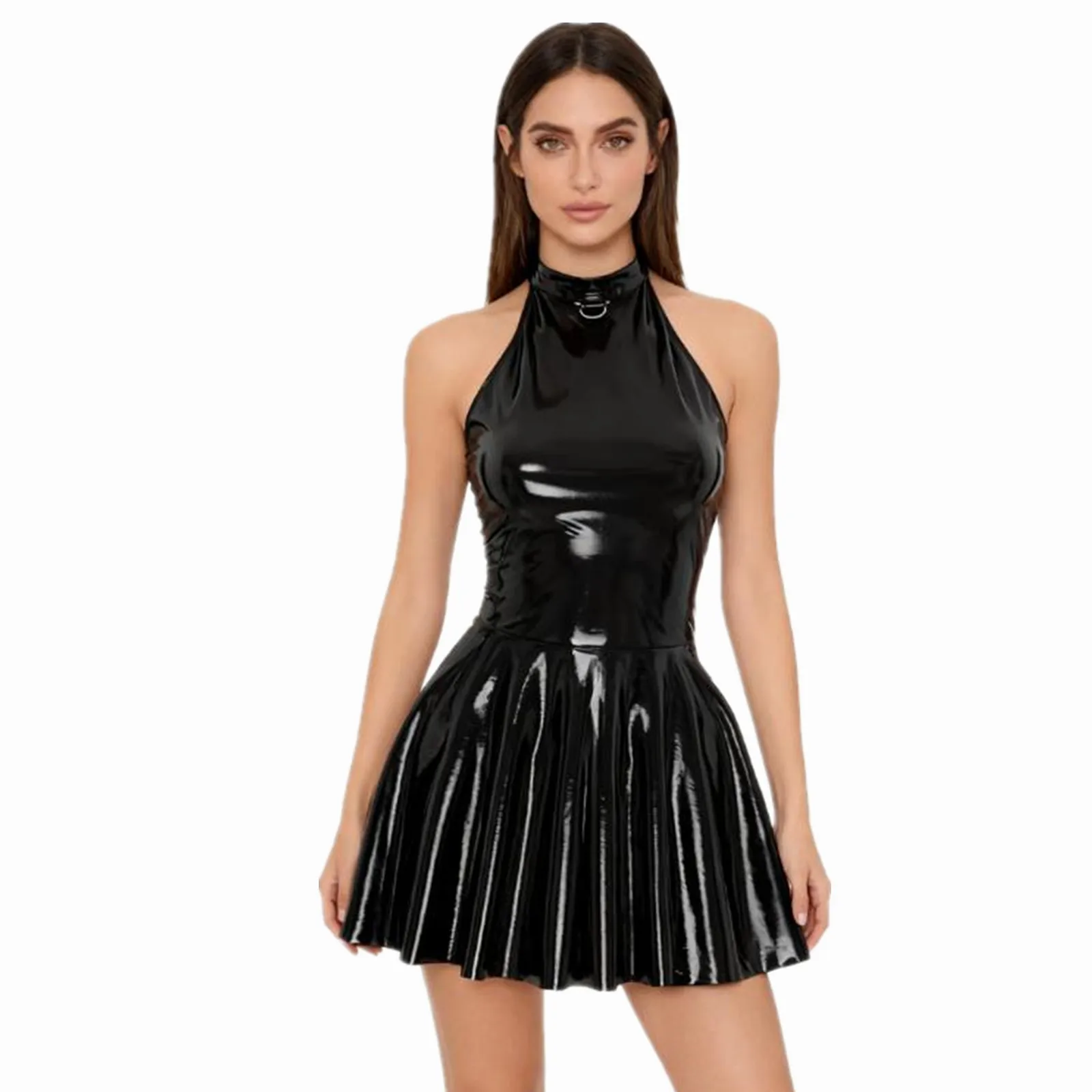 

Glossy Patent Leather Glossy Mini A-Line Latex Dress for Womens Swing Skirt Skater Mini Dress Rave Disco Party Wetlook Clubwear