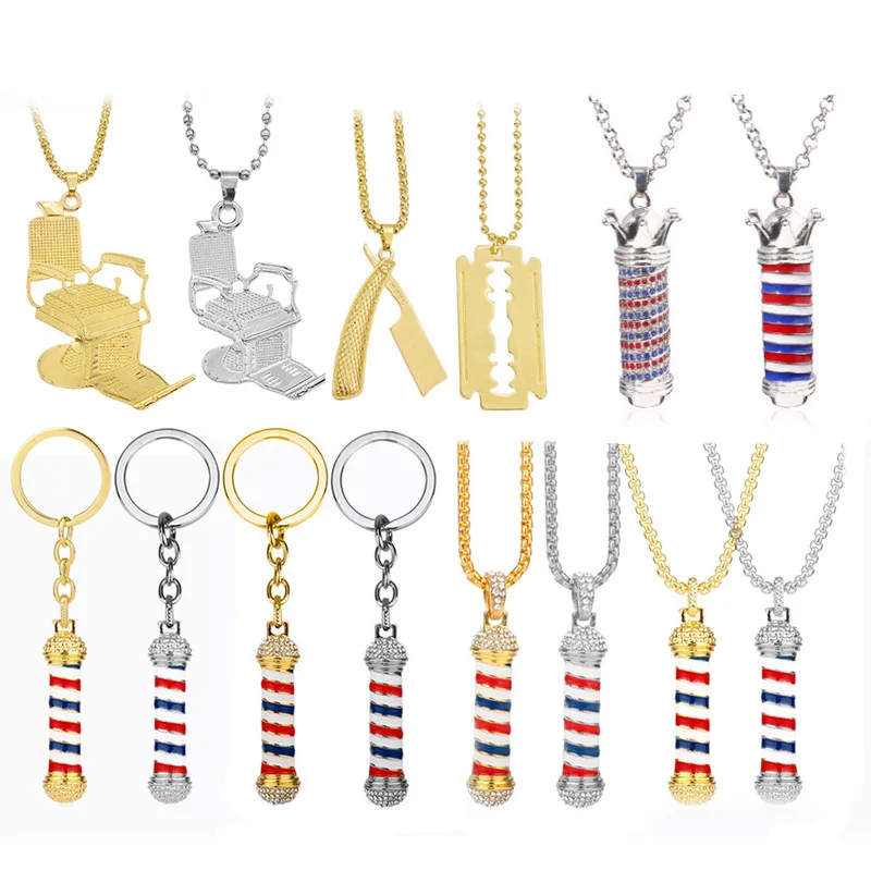 Barber Shop Rotating Light Necklace Hair Dresser Tools 3D Barber Pole Razor Dryer Scissors Comb Hairdresser Pendant Keyring Gift