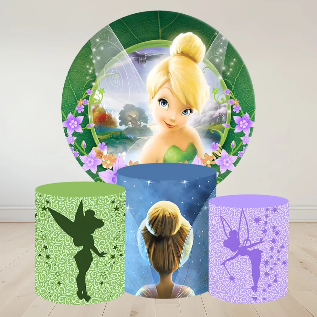 

Hasbro Tinker Bell Cylinder Cover Round Photo Backdrop Baby Shower Birthday Party Plinth Dessert Table Photography Background