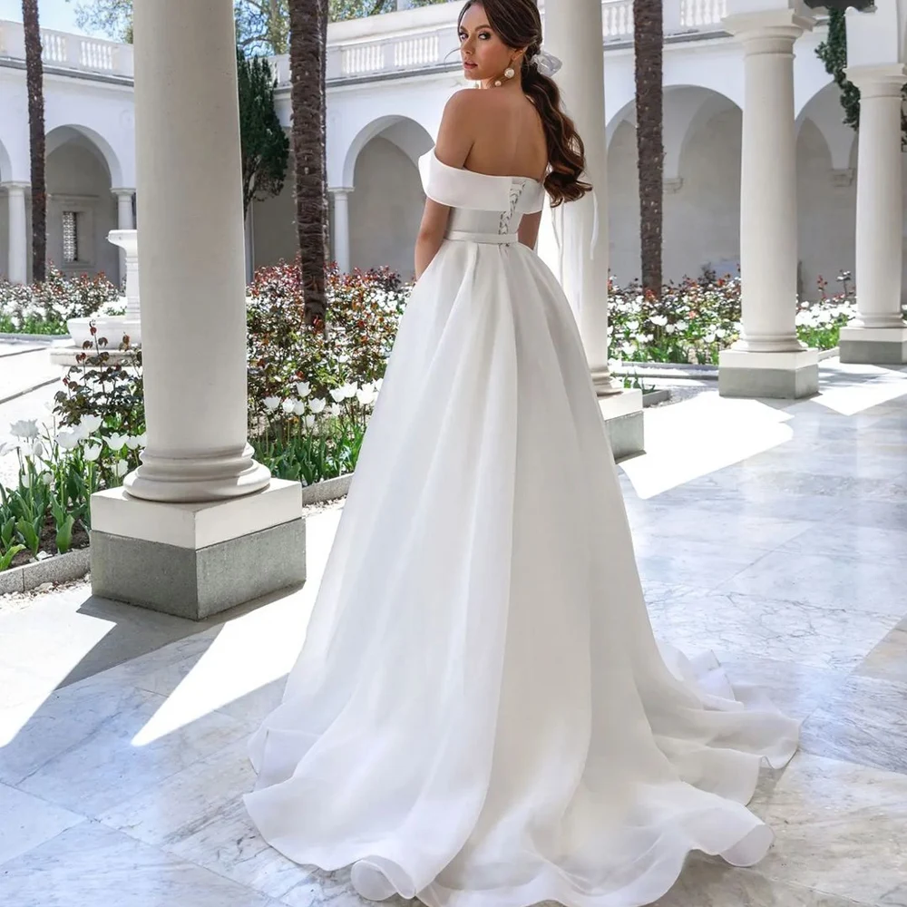 Elegant A-Line Skirt Off The Shoulder Wedding Dress 2023 Gorgeous Satin High Slit Pleats Bust Ivory White Sleeveless Bridal Gown