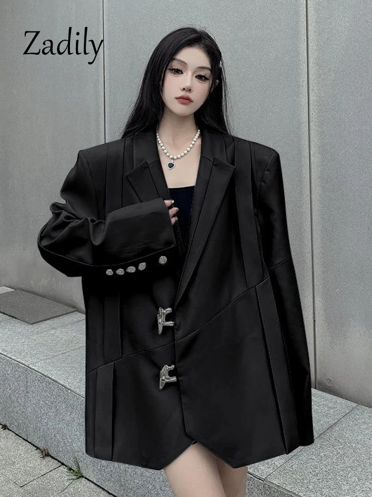 Zadily 2023 Winter Office Lady Long Sleeve Women Oversize Blazer Korea Style Metal Button Woman Work Suits Coat Female CLothing