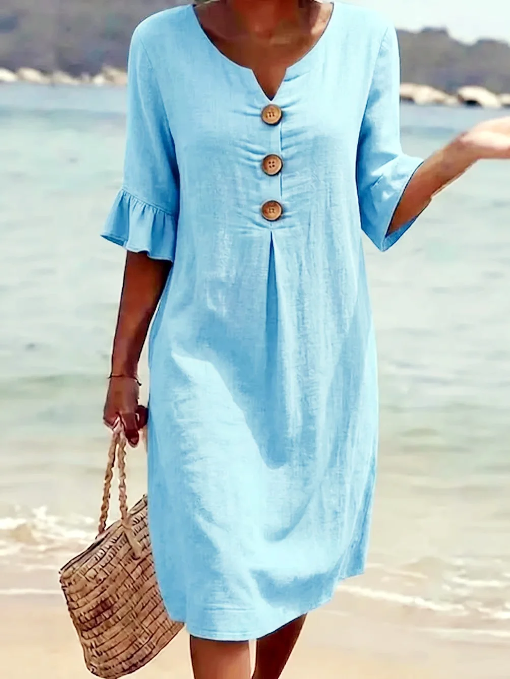 Sommer Neues Damenkleid in Unifarbe Lässiges Bequemes Baumwollkleid mit Knöpfen und Rüschen Damen Midi-Kleider