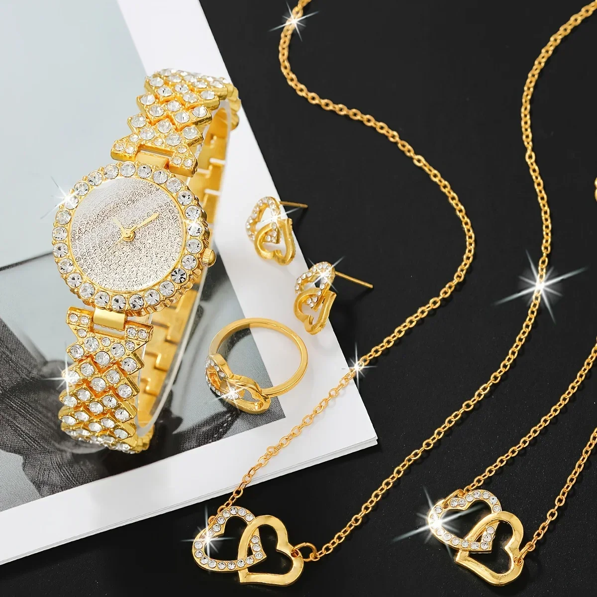 2. Luxury Bling Crystal Ladies Wristwatch Gold‑Tone Full Diamond Band Double Heart Jewelry Gift Set For Women