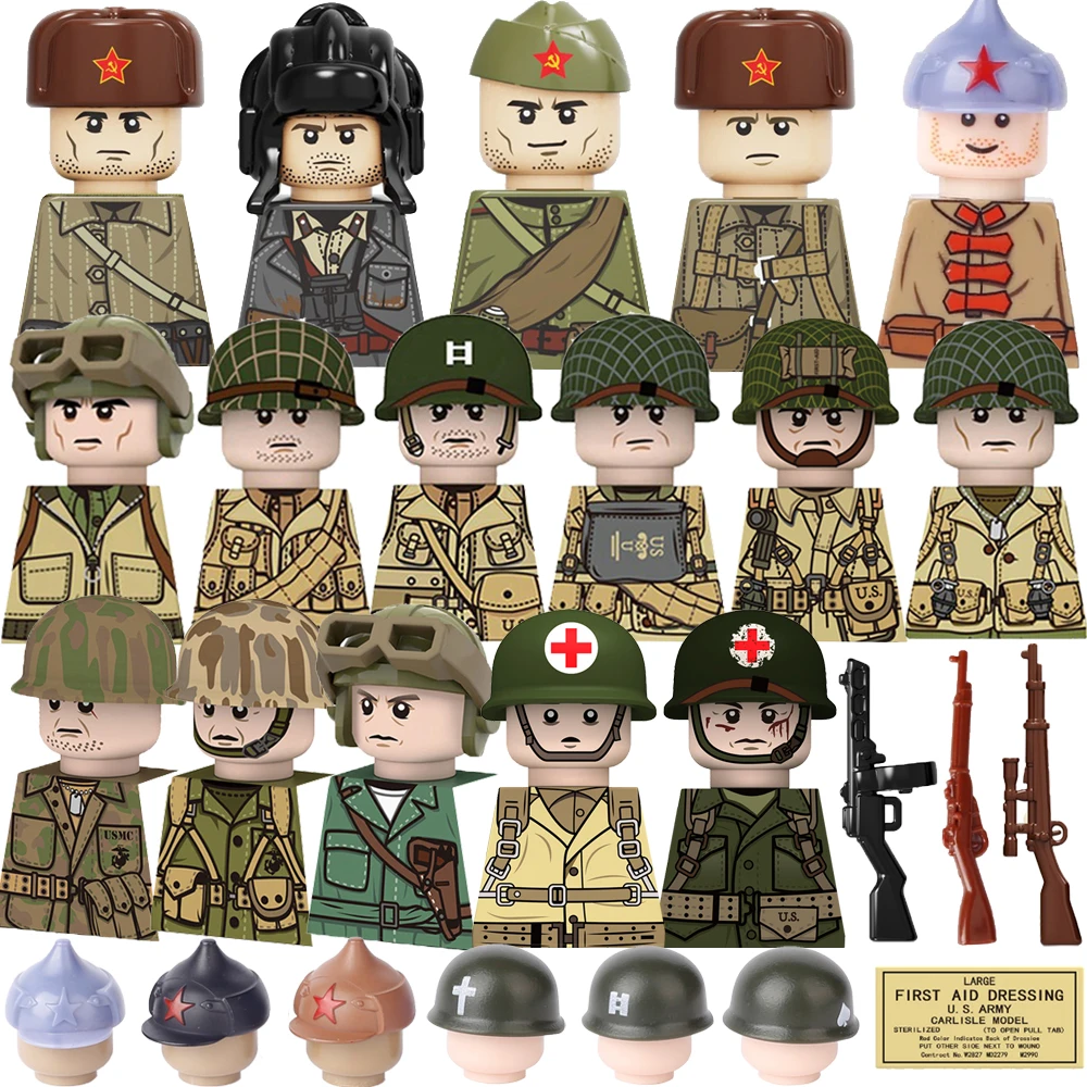 WW2 Military US Army Soviet Figures Soldiers MOC Building Blocks Medic Sniper Rifle Bunijon Hat Helmets Children's Toy Gift B145