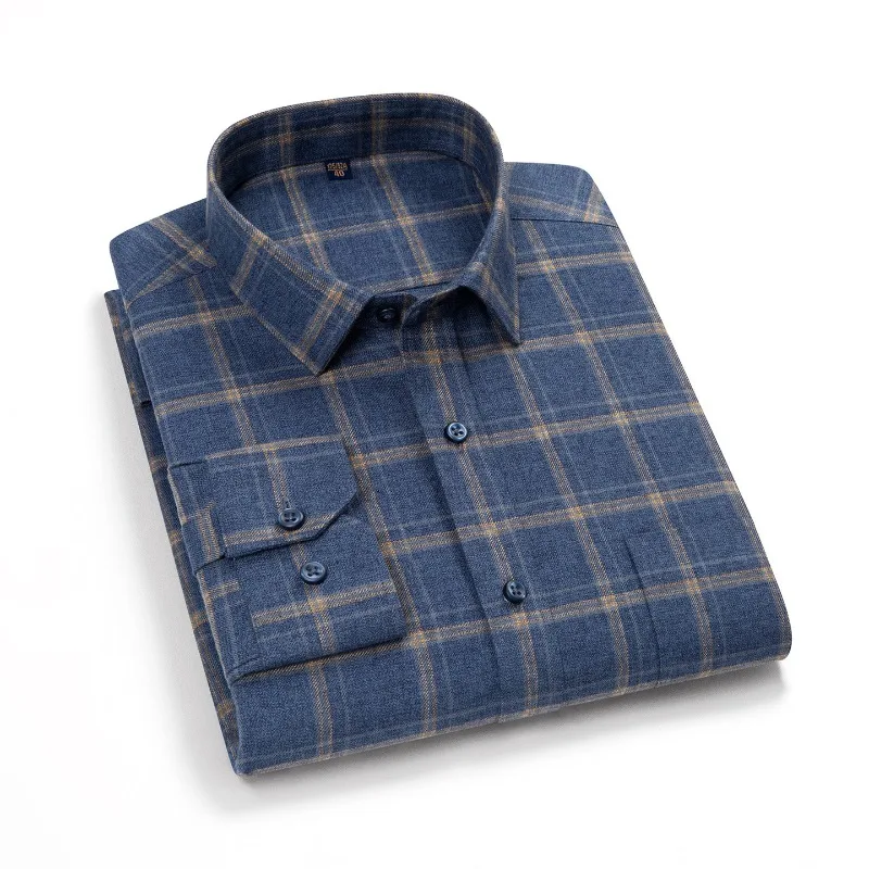 Classic Men Pure Cotton Shirt Spring Autumn Thick Long-staple Cotton Polished Long-sleeved Plaid