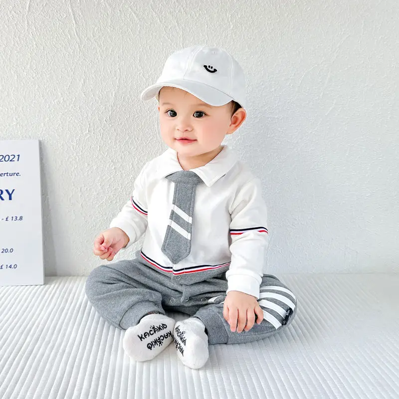 Autumn New Gentleman's Hundred Days Clothes with Tie Onesie 3-36Month Boys and Girls Romper Infant Climbing Clothing Fashion