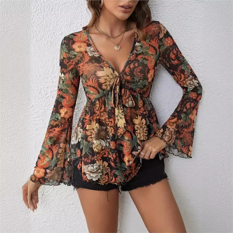 New all-match design sense of temperament age reduction mesh printed deep V-neck sexy slim flared sleeve long sleeve top