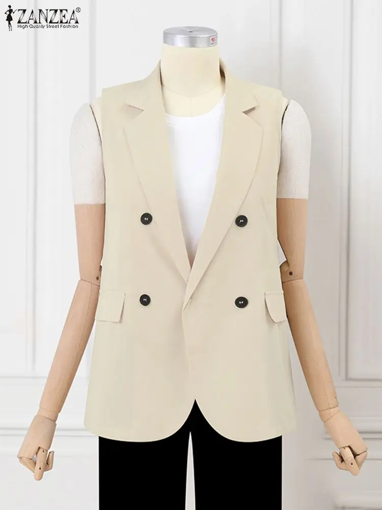 ZANZEA Casual Lapel Blazer Femme Women Double Breasted Suit Coats Fashion Sleeveless Office Vest 2023 Autumn Vintage OL Jacket