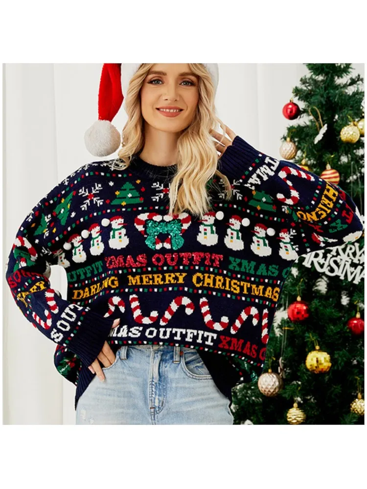 New Casual Loose Knitted Sweater Autumn And Winter Christmas Tree Round Neck Sweater Little Snowman Sequined Christmas Sweater