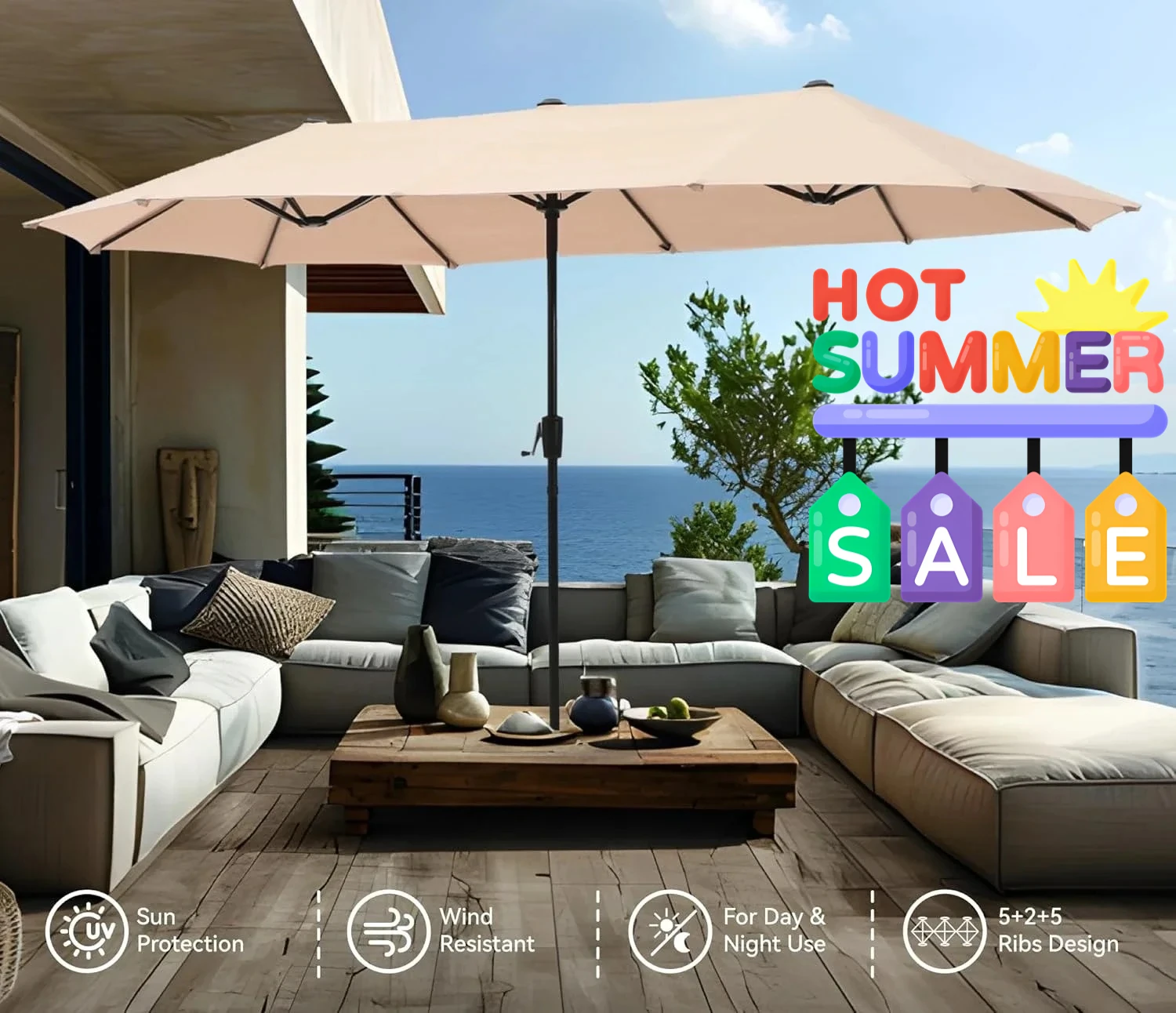 

13ft Large Patio Umbrella Double-Sided Twin Outdoor Market Umbrella with Crank, Beige