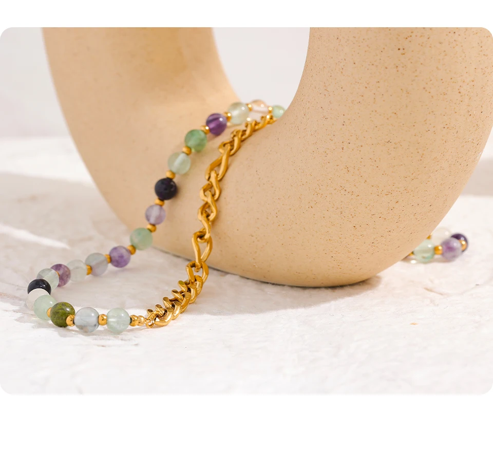 Yhpup Wasserdichte, stilvolle, bunte Natursteinperlenkette, Edelstahl-Halskette für Frauen, exquisiter handgefertigter Schmuck, neu – Detail 13