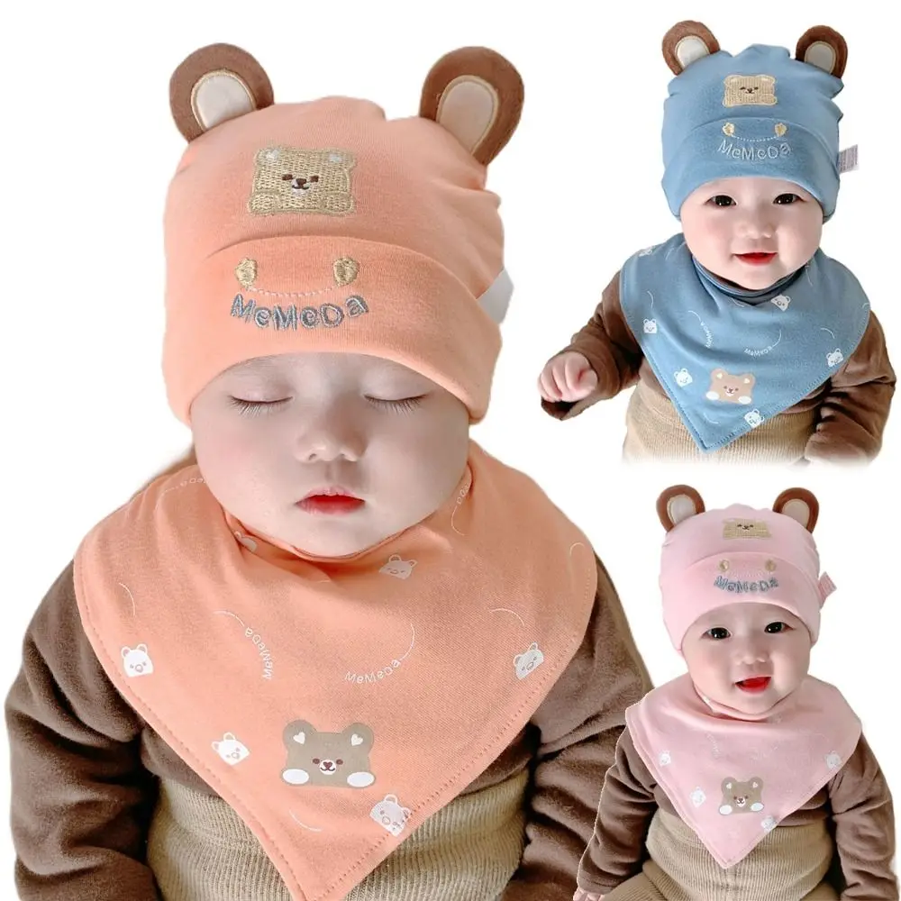 Set Syal Beanie Katun Kartun Pelindung Telinga Topi Salju Hangat Musim Dingin Syal Segitiga Topi Tebal Anak Laki-laki Perempuan Bayi