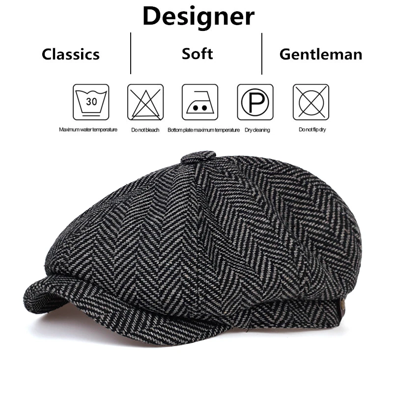 Retro Newsboy Caps für Herren, Britische Malerhüte, Herbst-Winter-Baskenmützen, Fischgrätmuster-Flatcap, Hip-Hop-Baskenmützen – Detail 2
