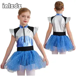 Girls Alien Robot Astronaut Ballet Dance Dress Bright Mesh Tulle Tutu Leotard Dress Gymastics Figure Skating Performance Costume