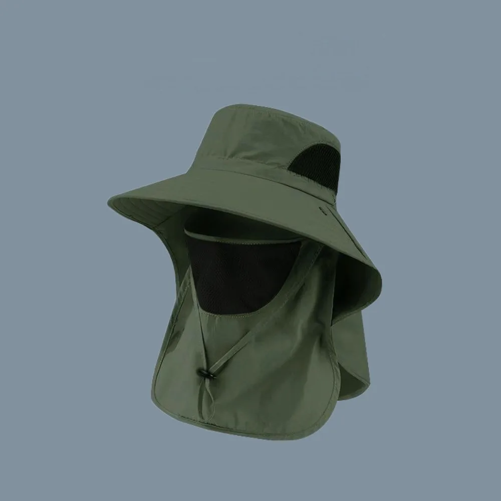 

Removable Drawstring Fisherman Hat Quick-drying With Mask Wide Brim Sun Hat Solid Color Sun Protection Hiking Hat Unisex