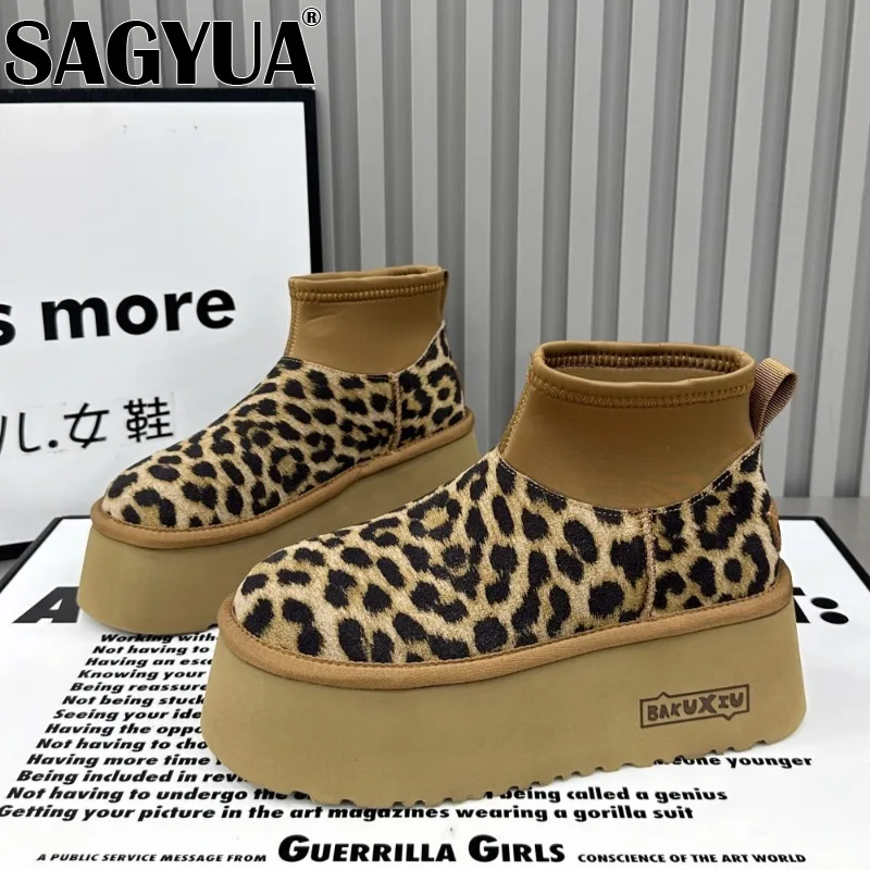 Leopard Women Fur Platform Snow Ankle Boots Winter Suede Warm Shoes Women Brand 2024 Trend Plush Flats Cotton Casual Botas Mujer