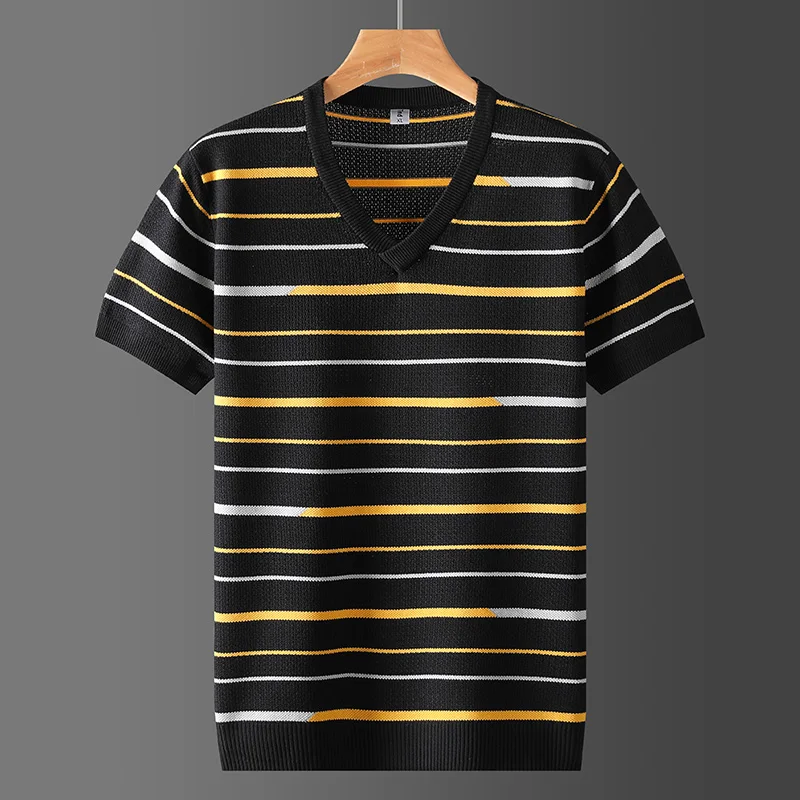 

2024 Spring Summer Men Fashion O-Neck Striped Tee Shirt Men's Clothing V-neck Knit T Shirts Male Casual Pullovers T-Shirt D318