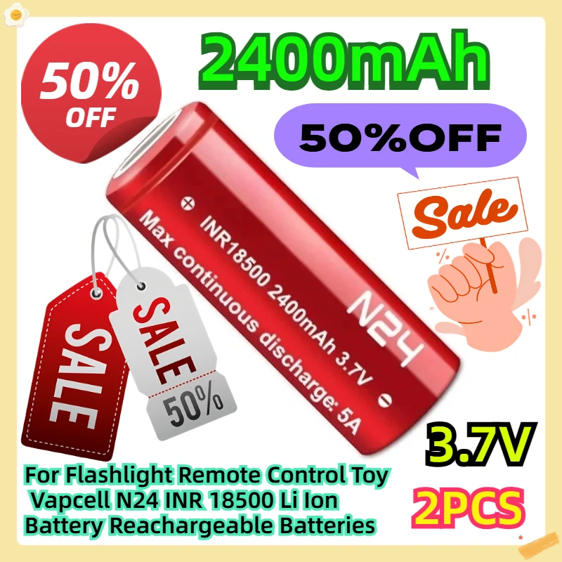 

For Flashlight Remote Control Toy Vapcell N24 INR 18500 Li Ion Battery Reachargeable Batteries 3.7V 2400mAh 2pcs