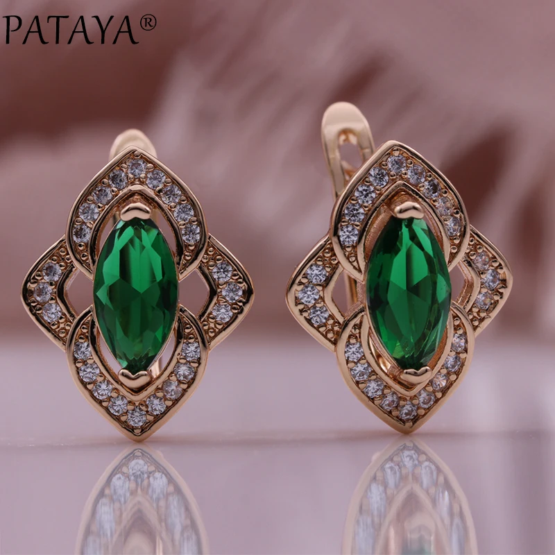 PATAYA New Rhombus Green Earrings Women Fashion Wedding Cute Fine Jewelry 585 Rose Gold Color Natural Zircon Dangle Earrings