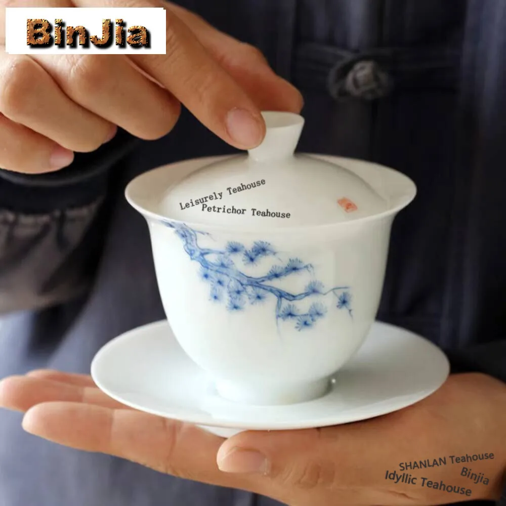 

160ML Jade Mud Hand-painted Pine Ceramic Whiteware Three-force Cover Bowl Large Kung Fu Tea Handmade Cup Gaiwan