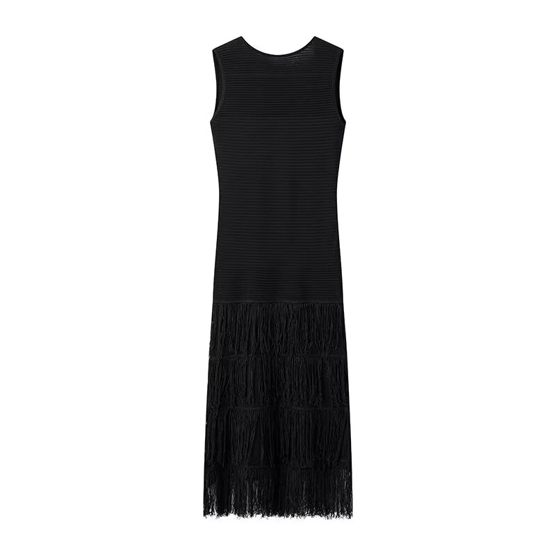 YENKYE Women Sexy Backless O Neck Sleeveless Long Fringe Dress Black Elegant Party Dress Female Maxi Vestidos