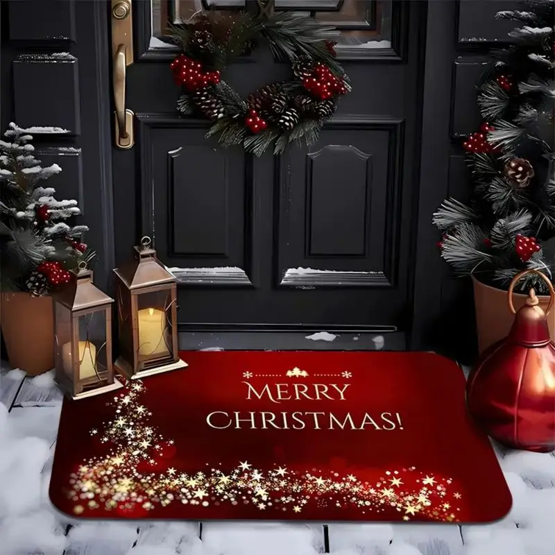 VIKAMA Merry Christmas Door Mat Red Gold Star Non Slip Welcome Floor Rug For Entryway Front Door Porch Bedroom Home Decor