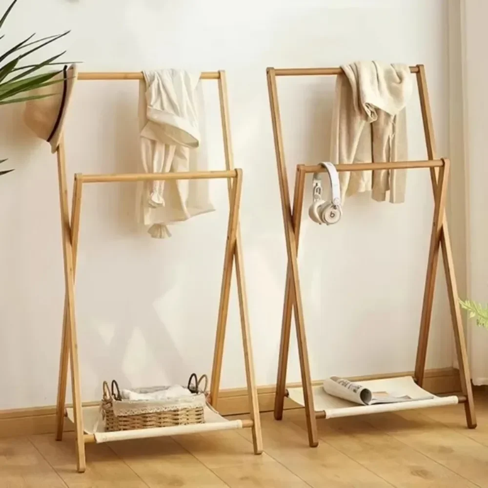 Folding Clothes Hanger Bathroom Solid Wood Floor Standing Towel Rack Indoor Multiscenario Simplicity Moistureproof Coat Shelf