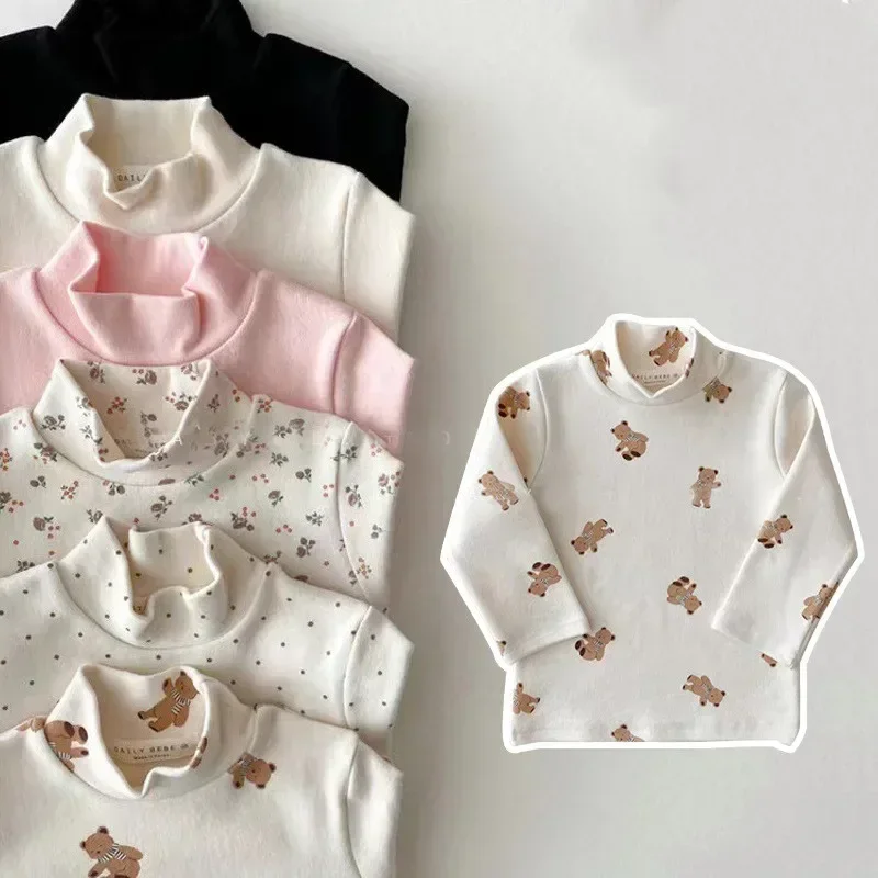 Spring Autumn Children's soft Long-Sleeve Basic Shirts Baby Kids Clothes New Girls Top Tees Girls Print Turtleneck T-Shirt