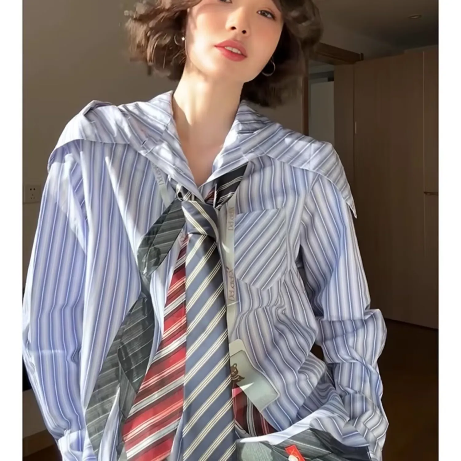 春ブラウス女性ストライプフード付き長袖特大韓国ファッションカジュアルシャツ Y2k ヴィンテージオフィスレディトップス Mujer